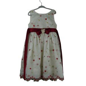Girls‎ Size 5 Fancy Party Dress By Youngland - Red Flowers Green Leaves